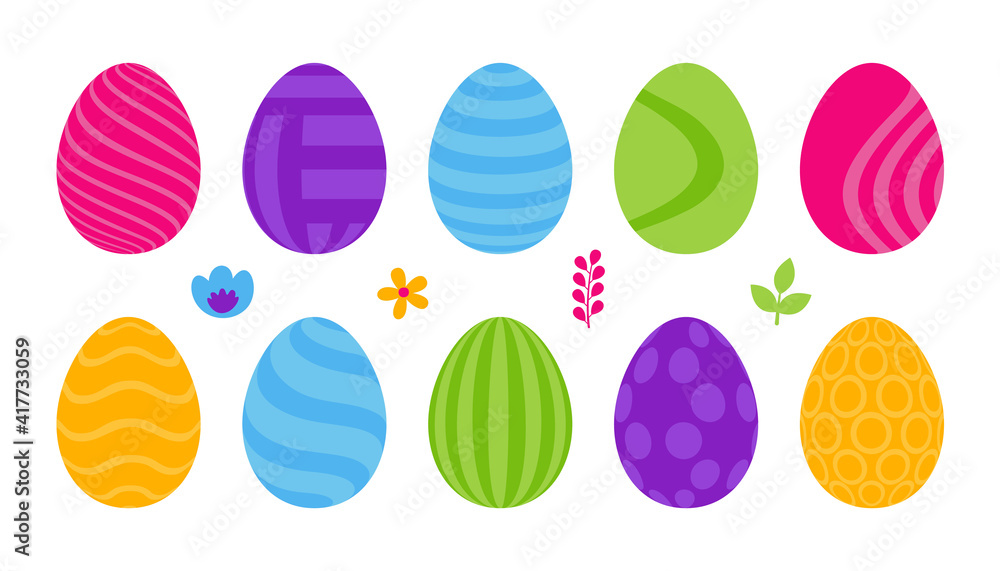 Poster set of 10 color easter eggs with pattern. design elements for holiday cards. easter collection with 