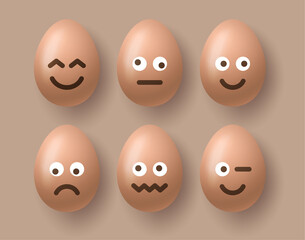 Set of brown easter eggs with emojis. Realistic 3d vector egg character set