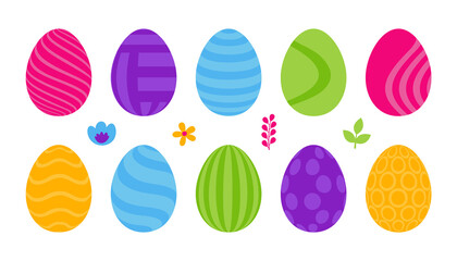 Set of 10 color Easter Eggs with pattern. Design elements for holiday cards. Easter collection with different texture. Cartoon flat style Vector illustration