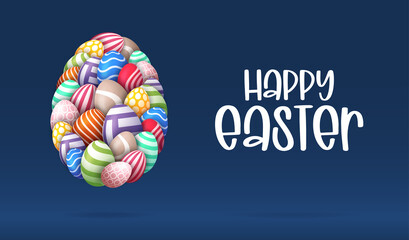 Happy easter card with eggs. Many beautiful realistic egg are laid out in the shape of a large egg. Vector illustration for easter on black background.