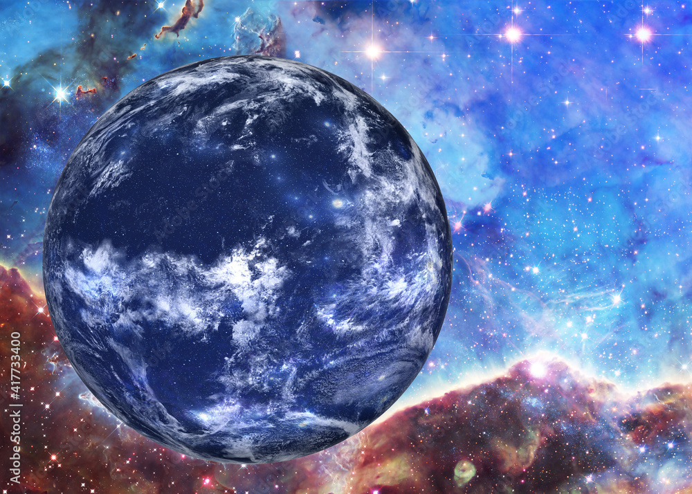 Wall mural blue fiction planet somewhere in extreme deep space far galaxies and stardust. science fiction backg