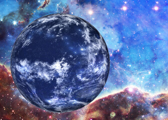 Blue Fiction Planet somewhere in extreme deep space far galaxies and stardust. Science fiction background. Elements of this 3D rendered illustration were furnished by NASA.