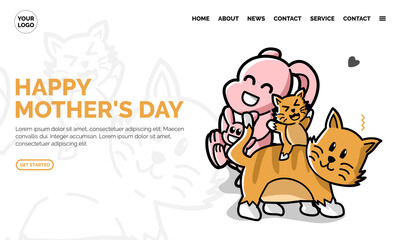Landing Page Concept. Happy Mothers Day, Cute Animal Character Hand Draw. Vector Cat and Rabbit family sticker for Mother's day or sale shopping special offer poster. suited for Website and Webpage