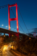 15th July Martyrs Bridge (in Turkish 15 Temmuz Sehitler Koprusu ) or Bosphorus Bridge, at night. Istanbul, Turkey. 