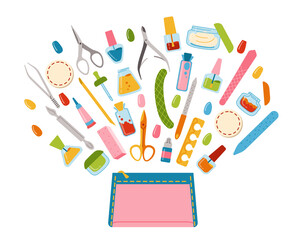 Postcard tools fly out of cosmetic bag. Manicure equipment cartoon design elements. Polishing nails, nail polish, file, tweezers, hand cream, scissors, oil, nippers and brush. Spa concept vector