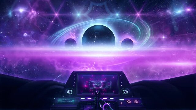 3D Synthwave Spaceship and Planets VJ Loop Motion Graphic Background