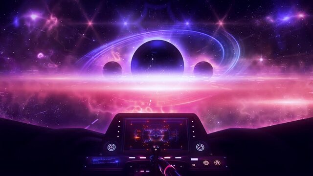 3D Synthwave Spaceship and Planets VJ Loop Motion Graphic Background