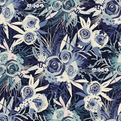 Seamless pattern dark blue & beige roses bouquets - 417736475