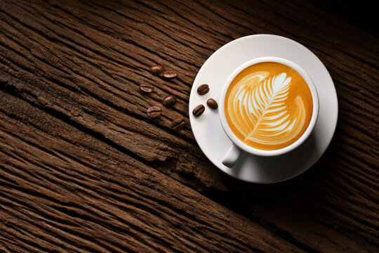 Top view of cup of coffee latte tree shape and coffee beans on old wooden background