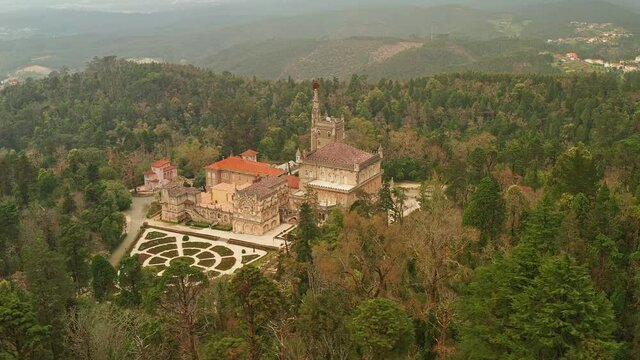 Aerial view of luxury palace hotel surrounded by beautiful garden, Mealhada, Serra do Bussaco, Portugal