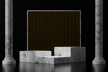 3d  render empty marble podiums on black background.