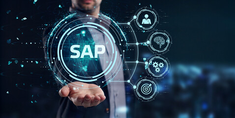 SAP System Software Automation concept on virtual screen data center. Business, modern technology, internet and networking concept - obrazy, fototapety, plakaty