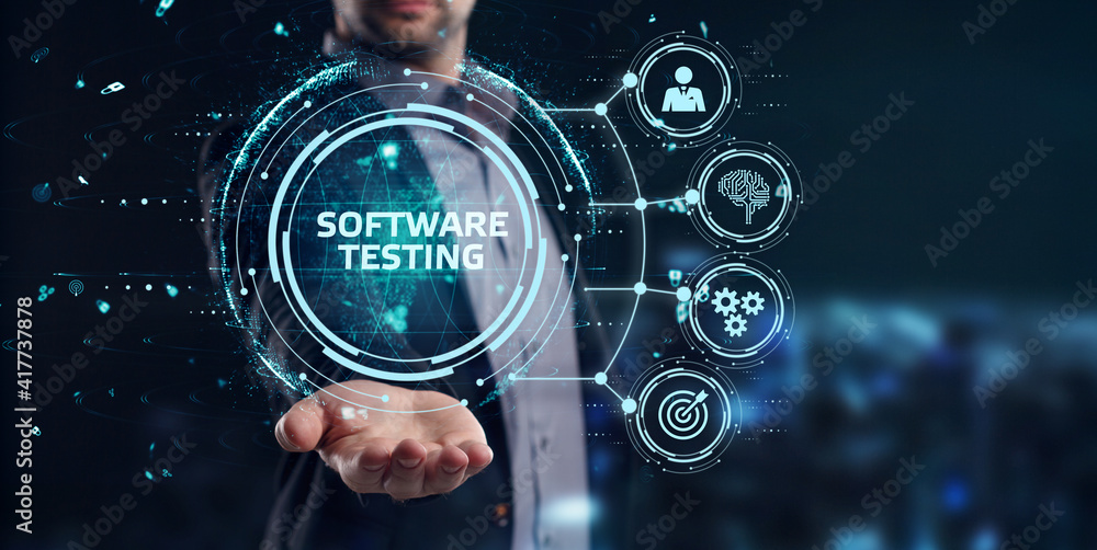 Poster inscription software testing on the virtual display. business, modern technology, internet and netwo