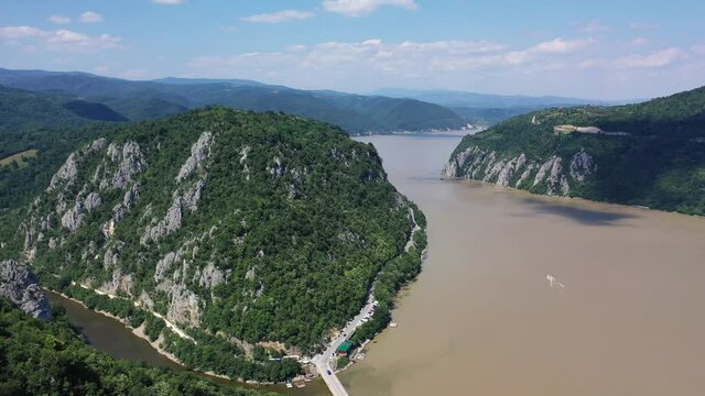 Orsova, Romania. Aerial view of the Danube Gorges (Cazanele Dunarii) 