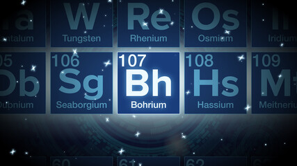 Close up of the Bohrium symbol in the periodic table, tech space environment.