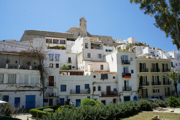The capital of the island of Ibiza, residential buildings at the foot of the fortress walls.Spain.