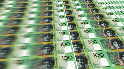 Money coming off a printing press. Sheets of Australian $100 dollar notes being printed at speed. 