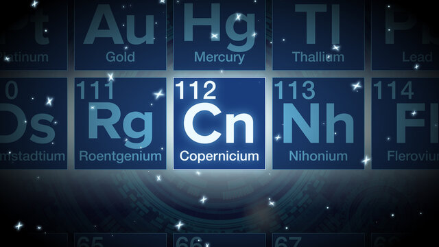 Close up of the Copernicium symbol in the periodic table, tech space environment.
