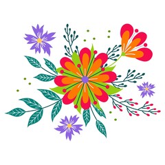 Hand drawn bouquet. Floral composition with colorful leaves and flowers. Isolated vector.