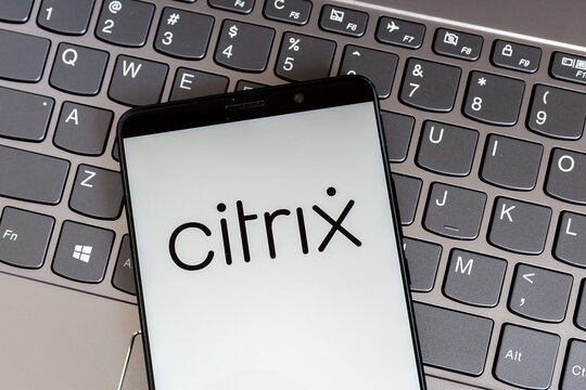 Toronto, On, Canada - February 27, 2021: Citrix logo on smartphone screen on keyboard. Citrix Systems, Inc. is an American multinational software company.