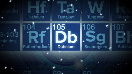 Close up of the Dubnium symbol in the periodic table, tech space environment.