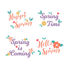 Happy spring badge and label collection. Hello spring. Greeting card. Hand drawn. Vector illustration. Flat design.