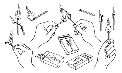 Set with hands holding burning matches, sticks of matches with flame, smoke, and boxes. Vector illustration drawn by contour in doodle style.