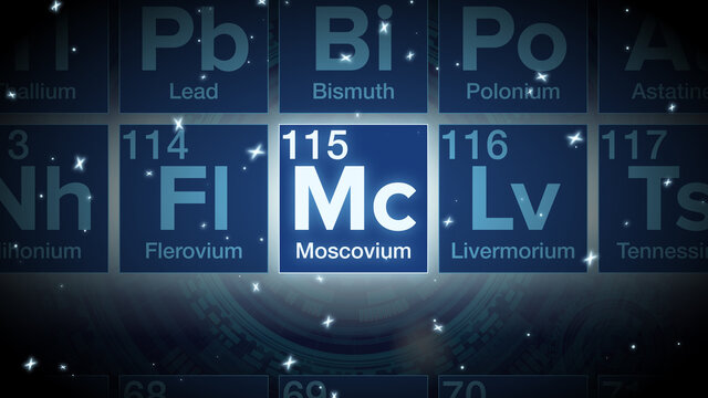 Close up of the Moscovium symbol in the periodic table, tech space environment.
