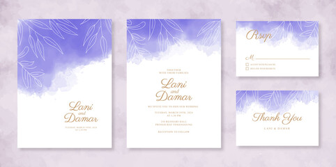 Beautiful wedding invitation set template with hand painted watercolor and line art