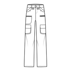 Set of Ski pants technical fashion illustration with low waist, rise, flap zipper patch pockets, belt loops, full lengths. Flat apparel template front, white, color style. Women, men unisex CAD mockup