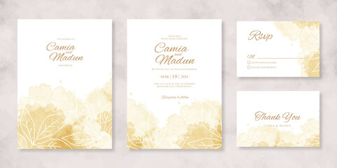 Fototapeta na wymiar Elegant wedding invitation set template with watercolor splash and line art