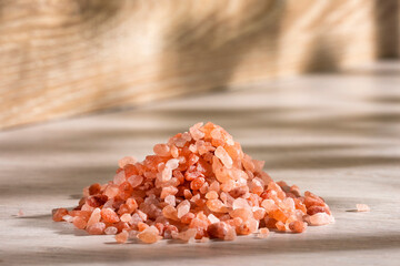 Himalayan pink salt crystals, powdered red rock salt from Pakistan