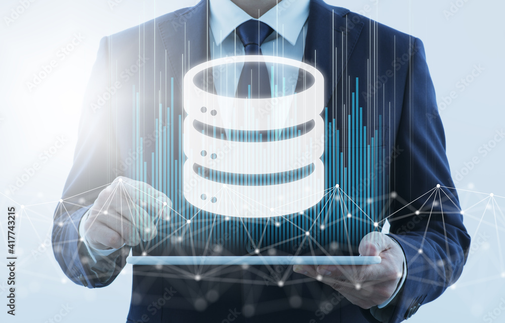Aufkleber Database and network technology. Business person using tablet computer. Network structure and database icon.
