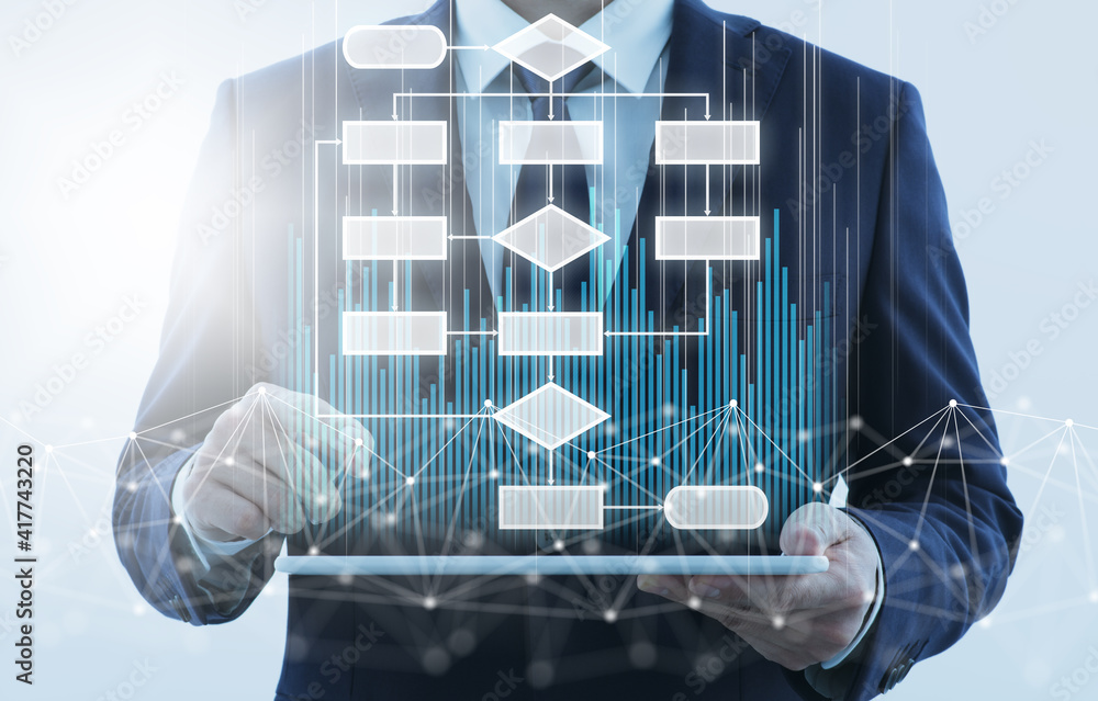 Poster Process and flowchart. Businessman using tablet computer. Network technology and data.