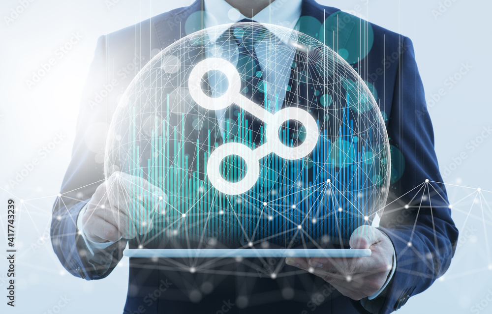 Fototapete Business technology and data communication. Business person using tablet computer. Network structure and link icon.