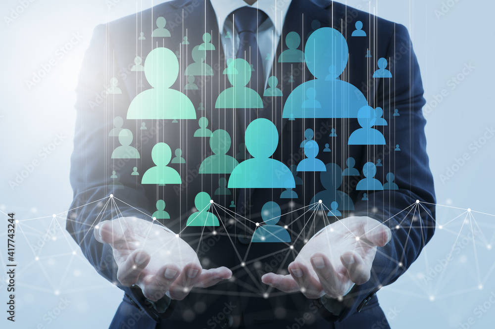 Poster digital marketing and customers on internet. business person holding network structure and customer 