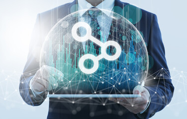 Business technology and data communication. Business person using tablet computer. Network...