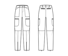 Set of Parachute pants technical fashion illustration with normal waist, rise, pockets, belt loops, full lengths. Flat bottom apparel template front back, white color style. Women, unisex CAD mockup