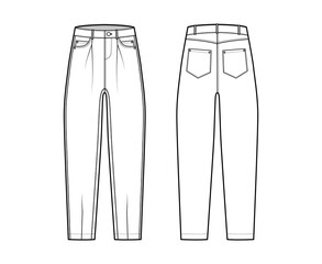 Slouchy Jeans Denim pants technical fashion illustration with full length, low waist, rise, 5 pockets, Rivets, oversized. Flat bottom template front back white color style. Women men unisex CAD mockup