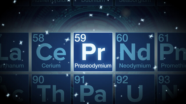 Close up of the Praseodymium symbol in the periodic table, tech space environment.