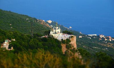 Fototapeta na wymiar Church of the Resurrection of Christ on the edge of a cliff in the village of Foros in Crimea.
