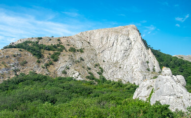 Mediterranean landscape. Forested rocks of the Black Sea coast of the southern coast of the Crimean Peninsula on a clear sunny day.