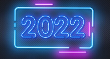 2022 New Year glowing blue neon signboard on brick wall. Vector illustration Happy New Year neon realistic sign banner