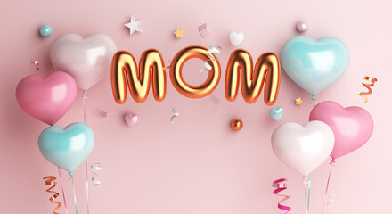 Happy mothers day decoration background with balloon, mom text, copy space text, 3D rendering illustration