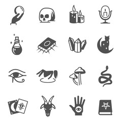 Occultism, esotery, divination bold black silhouette icons set isolated on white.