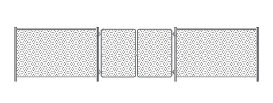 Metal fence panels with welded wire mesh in realistic style. Gate steel chain link template.