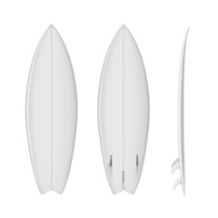 Surfboard empty realistic mockups set. Front, back, side view. Surfing narrow plank templates.