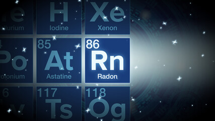 Close up of the Radon symbol in the periodic table, tech space environment.