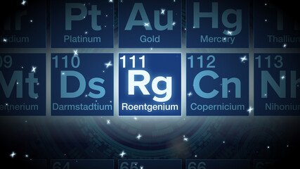 Close up of the Roentgenium symbol in the periodic table, tech space environment.