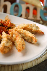 Baked dumplings on a white plate 흰색접시위에 노릇노릇하게 구워진 만두